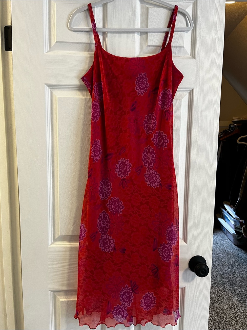 Red Midi Slip Dress with Purple Floral